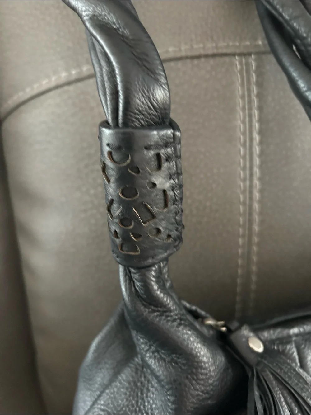 Coldwater Creek Black Leather Hobo with Tassel and Cutout Strap Accents